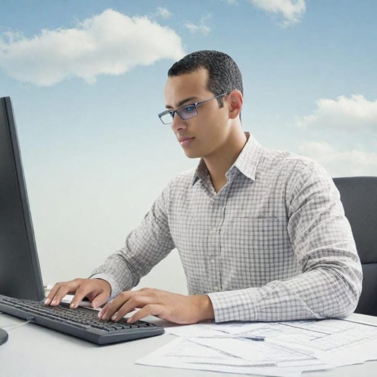 Homme portant des lunettes, travaillant sur un ordinateur dans un environnement lumineux.