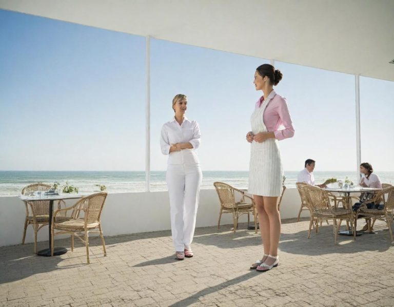 Deux femmes en tenue élégante discutent près d'une terrasse surplombant la mer.