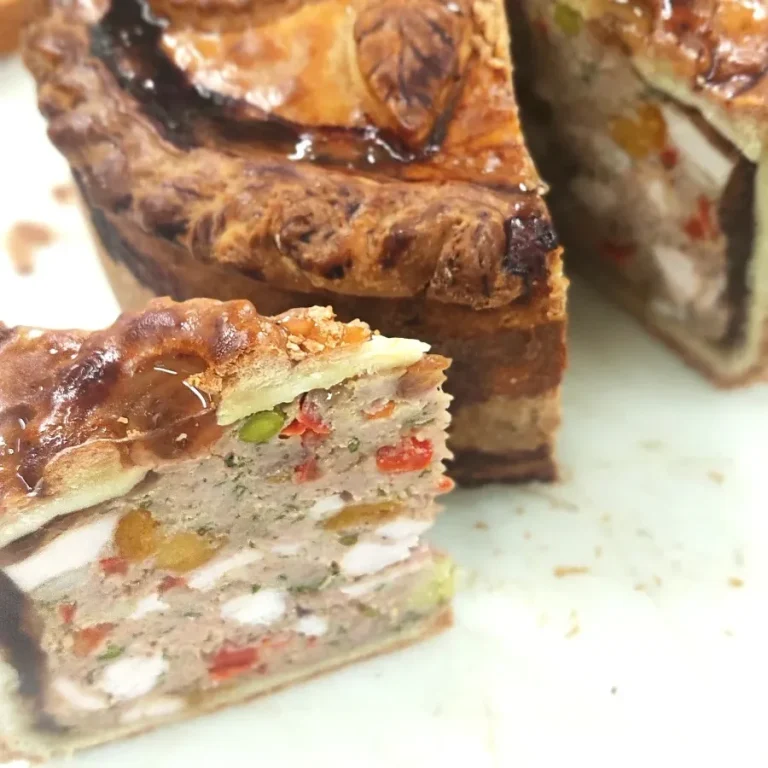 Pâté en croûte tranché, avec des morceaux de viandes et des légumes colorés.