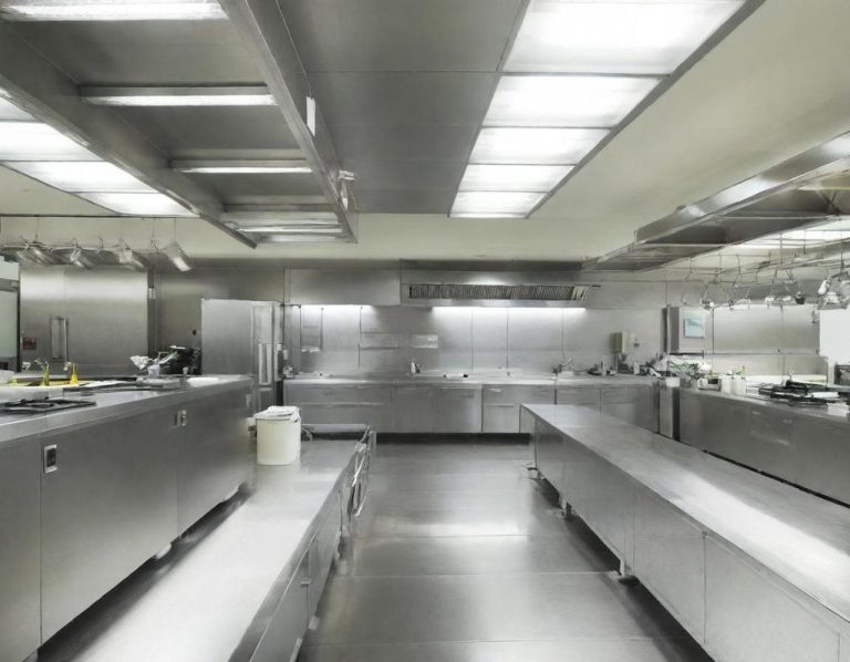Cuisine professionnelle moderne avec équipements en acier inoxydable et éclairage lumineux.
