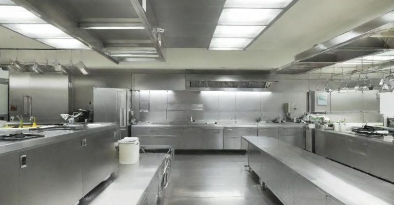 Cuisine moderne avec surfaces en acier inoxydable et éclairage fluorescent.