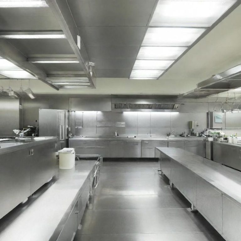 Cuisine professionnelle moderne avec des surfaces en acier inoxydable et un éclairage lumineux.