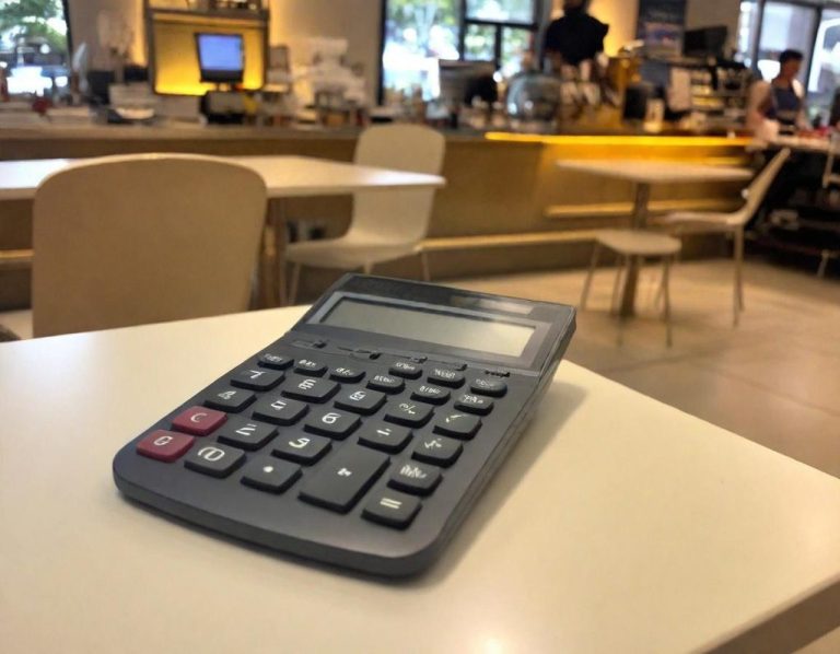 Une calculatrice grise sur une table dans un café.