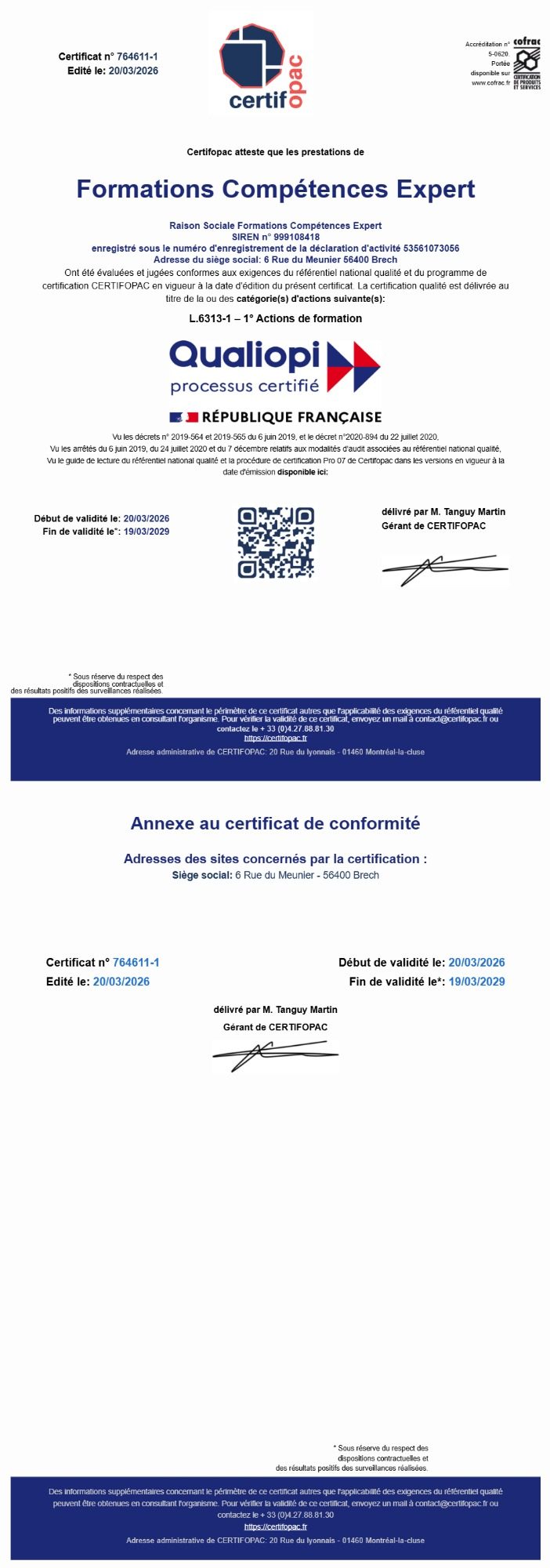 Certificat de conformité Qualiopi avec logo et QR code en bas.