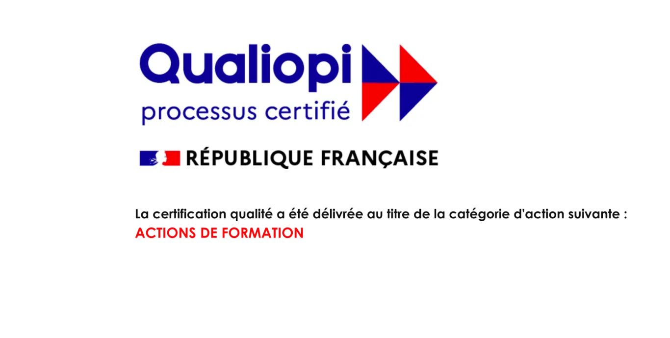 Logo de Qualiopi avec la mention "République Française" et texte sur la certification.