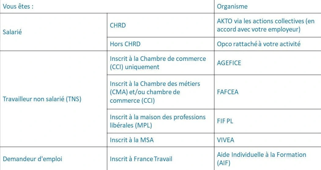 Financements possibles en formation continue Table présentant des informations sur divers projets et leur état actuel.