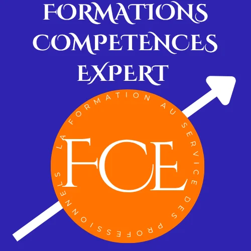 Logo de FCE avec flèche montante et texte en bleu et orange sur la formation et les compétences.